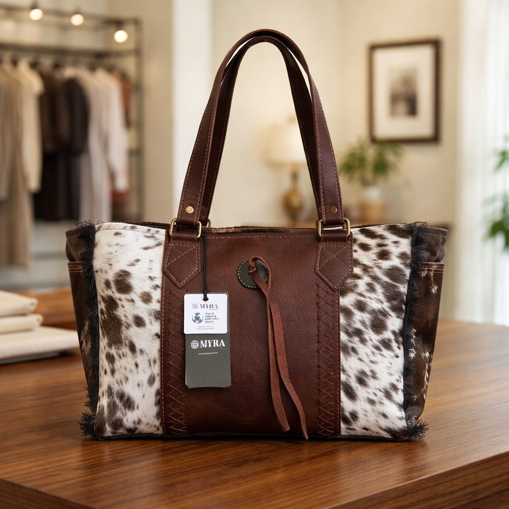 Myra Bag Brown and White Cowhide Leather Tote